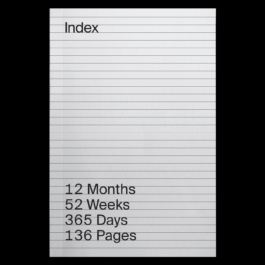 A lined paper-style graphic with the title 'Index' at the top, resembling an index card. At the bottom, in bold black text, it lists: '12 Months', '52 Weeks', '365 Days', and '136 Pages', referencing a structured, time-based print project. Filippos Fragkogiannis