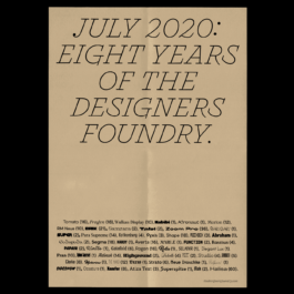 A beige poster commemorating the eighth anniversary of The Designers Foundry, with elegant serif text reading: