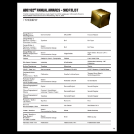 The image is a shortlist page from the ADC 102nd Annual Awards, specifically for the Typography category. It includes a structured table listing shortlisted entries, showing details such as the design studio or individual, project type, client or project name, and the specific work submitted. The top of the page features the ADC logo, a gold cube, and a header stating that these entries have progressed past the first round of judging, with final results to be announced on May 17, 2023. Filippos Fragkogiannis