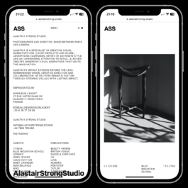 Two smartphone screens displaying the website of Alastair Strong Studio, a photographer and director based between Paris and London. The left screen showcases a minimalist biography with black sans-serif text on a white background, listing clients and publications. The right screen features a black-and-white photograph of a sculptural wooden stool with strong lighting and shadows, highlighting texture and form. The website has a clean and modern aesthetic with a monochrome palette and a structured layout. Filippos Fragkogiannis