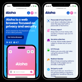 A digital screenshot displays two iPhones showcasing the Aloha web browser's website. The left phone highlights the browser's focus on privacy and security, with a blue banner stating, 