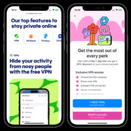 The image shows two smartphone screens displaying promotional content for a VPN service in the Aloha Browser. The left screen highlights features for online privacy, including VPN, ad blocking, and general privacy tools. The text in bold promotes a 