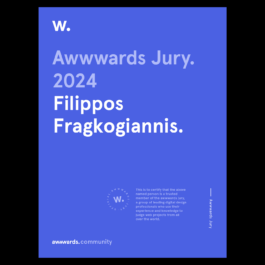 A digital certificate with a purple background recognizing Filippos Fragkogiannis as a member of the Awwwards Jury for 2024. The text 