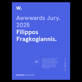 A certificate-style digital graphic with a purple background recognizes Filippos Fragkogiannis as a member of the Awwwards Jury for 2025. The text includes 