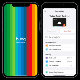 Two smartphones displaying the Bunq app interface. The phone on the left shows the Bunq splash screen with a vibrant vertical rainbow stripe background and the text 