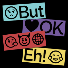 A colorful collage featuring words and emoji-like icons on rectangular blocks. The top block is light blue with a sad face emoji and the word 
