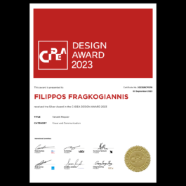 A digital certificate for the C-IDEA Design Award 2023 presented to Filippos Fragkogiannis for receiving the Silver Award in the Visual and Communication category for the project titled Vercetti Regular. The certificate features a bold red header with the award’s logo and name. Below, the recipient’s name is prominently displayed in red uppercase letters. The document includes the certificate number (2023GRCP1019) and the date (03 September 2023). At the bottom, there are multiple signatures from international committee members, along with a gold embossed seal on the lower right corner. Filippos Fragkogiannis