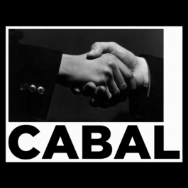 Black and white image of two people in suits shaking hands, symbolizing a secretive agreement or alliance. Below the handshake, the word 