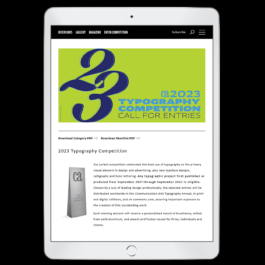 A digital screenshot of a webpage on a tablet screen displaying the Communication Arts 2023 Typography Competition call for entries. The page features a bold, colorful banner with large, overlapping blue numbers 
