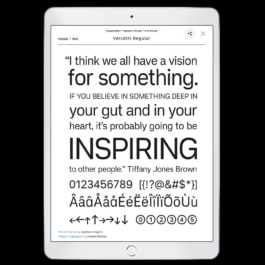 A digital image of a tablet displaying a typography showcase for the typeface 