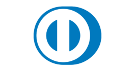 A blue and white logo featuring a stylized 