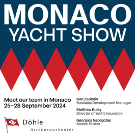Digital graphic for the Monaco Yacht Show 2024, featuring bold white uppercase text on a dark blue background announcing the event. A row of red and white diamond shapes, reflecting the Monaco flag's design, is positioned below the title. The event details, 