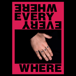 A bold poster featuring a central image of a hand against a black background, with the word 