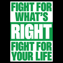 Bold typographic design with green and white text that reads: 'FIGHT FOR WHAT'S RIGHT. FIGHT FOR YOUR LIFE.' The word 'RIGHT' is emphasized in a larger, bolder font and placed in a green box with white letters, while the rest of the text is green on a white background. Filippos Fragkogiannis