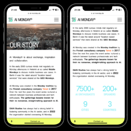 The image shows two smartphone screens displaying content from the AI Monday website. The left screen presents the 