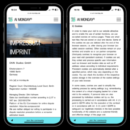 A digital screenshot of the AI Monday website displayed on two smartphone screens. The left screen shows the Impressum (Imprint) page, which provides legal details about DAIN Studios GmbH, including its address in Berlin, Germany, contact information, registration number, VAT details, and a disclaimer about dispute resolution. The background features an image of a city skyline at dusk. The right screen displays the Cookies policy section, explaining how cookies are used on the website, including session and persistent cookies, their purposes, and GDPR compliance. Both screens feature a minimalist design with black text on a white background, a blue footer with a “Join the community” button, and a small AI-themed logo in the header. Filippos Fragkogiannis