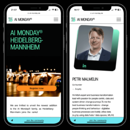 Two smartphones displaying the AI MONDAY® website. The left screen features an announcement for AI MONDAY® Heidelberg-Mannheim, with an image of an illuminated bridge at night and a 