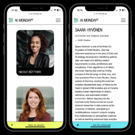 Two smartphones displaying the AI MONDAY® website. The left screen shows a profile image of Nicole Büttner, a woman with curly hair wearing a black jacket, along with another image of a woman with red hair below. The bottom of the screen has a yellow button labeled 