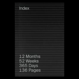 A black, lined graphic styled like an index card with the title 'Index' at the top in light gray. At the bottom, in large gray text, it reads: '12 Months', '52 Weeks', '365 Days', '136 Pages', representing a structured year-long project or publication layout. Filippos Fragkogiannis