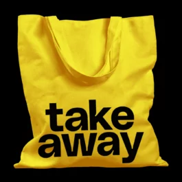 A yellow tote bag with centered black text on one side that reads 
