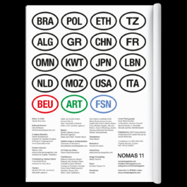 A masthead page for NOMAS Magazine Issue 11. The top half displays a grid of country abbreviations (e.g., BRA, POL, ETH, USA) inside black-bordered ovals, resembling international car stickers. Three colored ovals at the bottom read 