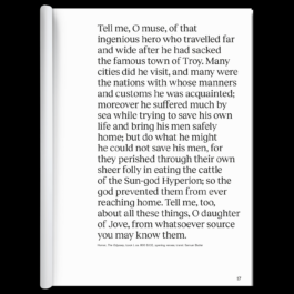 A page from NOMAS magazine featuring an excerpt from Homer's The Odyssey, translated by Samuel Butler. The text is printed in a clean, serif typeface with a justified alignment, creating a structured and elegant layout. The passage recounts the adventures of Odysseus after the fall of Troy, emphasizing his travels, struggles, and the fate of his men. The page number 