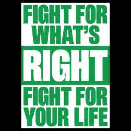 Bold typographic design with green and white text that reads: 'FIGHT FOR WHAT'S RIGHT. FIGHT FOR YOUR LIFE.' The word 'RIGHT' is emphasized in a larger, bolder font and placed in a green box with white letters, while the rest of the text is green on a white background. Filippos Fragkogiannis