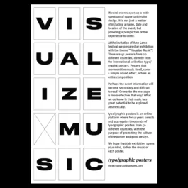 A poster for the “Visualize Music” exhibition, organized by typo/graphic posters. The left side of the image features a vertical arrangement of bold, black letters spelling out 