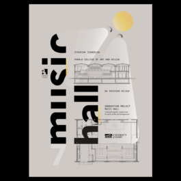 Poster for a BA Interior Design graduation project titled 'Music Hall' by Stavrina Tzanoglou from Vakalo College of Art and Design, in collaboration with the University of Derby. The poster features architectural drawings of a music hall, stylized typography reading 'music hall' vertically, and a minimal sun and cloud graphic in the top right. The design includes a description stating the project 'brought together people from all walks of life and backgrounds. Filippos Fragkogiannis