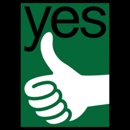 A bold graphic poster featuring a white thumbs-up symbol on a green background. Above the hand, the word 
