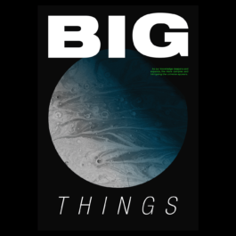 Poster design with a dark background featuring a large, textured circular graphic resembling a planet or abstract fluid surface. The bold white text at the top reads 