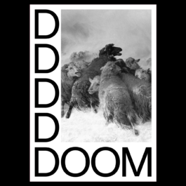 A black-and-white poster featuring a dramatic photo of a distressed herd of sheep huddled together in a snowy storm, with one black sheep prominently looking upward. On the left side, the letter 