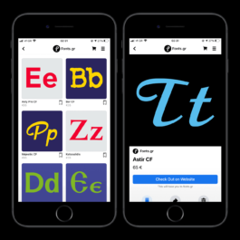 Two smartphone screens showing the Fonts.gr Facebook Shop interface. The left screen displays a grid of font products with stylized letter previews, font names, and prices. Fonts include Asty Pro CF (€55), Bar CF (€35), Majestic CF (€65), Katsoulidis (€35), and others. The right screen shows the detailed product view for the font “Astir CF,” featuring large blue stylized “Tt” letters on a black background, the price (€65), and a prominent blue “Check Out on Website” button. The interface includes typical navigation elements. Filippos Fragkogiannis
