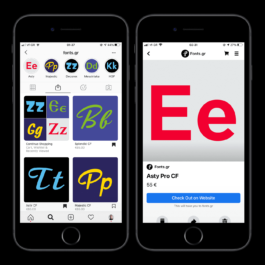 Two smartphone screens displaying a font browsing and purchase interface from fonts.gr. The left screen shows a grid of font samples with colorful letters such as 'Zz', 'Gg', 'Ee', and 'Bb' under various font names like Splendid CF, Astir CF, and Majestic CF. The top menu displays circular icons for font categories like Asty, Majestic, Decorex, Messiniaka, and HGF. The right screen shows a product page for the font 'Asty Pro CF' with a large red 'Ee' on a light background. The font is priced at €55, with a blue button labeled 'Check Out on Website' linking to fonts.gr. Filippos Fragkogiannis