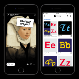 Two smartphone screens displaying a font identification and shopping experience from fonts.gr. The left screen shows a classical painting of a woman in a white headdress with a speech bubble over her head that says, 'What font are you?' The bottom of the screen includes a 'Try It' button. The right screen displays the fonts.gr shopping interface with various colorful font samples like 'Tt', 'Ee', 'Pp', and 'Zz' in different styles and prices, including Astir CF, Asty Pro CF, and Bar CF. Filippos Fragkogiannis