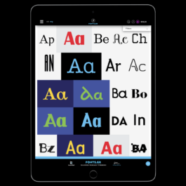 A tablet screen displays the homepage of the Fonts.gr website. The interface showcases a grid of stylized “Aa” letter pairs in a variety of typefaces and colors, representing different fonts in the library. Tile backgrounds vary in red, black, blue, yellow, and green. The top navigation bar includes language options, a user profile icon, a shopping cart showing a €90.00 balance, and a filters dropdown. At the bottom, the Fonts.gr logo appears alongside the tagline “Ελληνική Ψηφιακή Τυποθήκη” (Greek Digital Type Library). Filippos Fragkogiannis