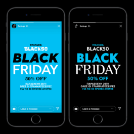 Two smartphone mockups showcase Instagram Stories from fonts.gr promoting a Black Friday deal. The left screen has a cyan background with bold black and white text, highlighting the voucher code 