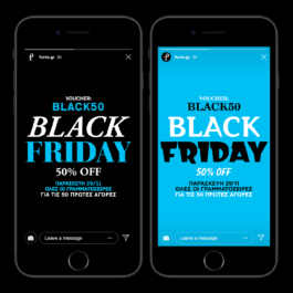Two smartphone mockups display Instagram Stories promoting a Black Friday offer from fonts.gr. The left screen features a black background with white and cyan text, showcasing the voucher code 