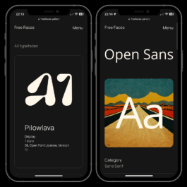 The image displays two smartphone screens showcasing font listings from the Free Faces website. The left screen features the font Pilowlava, a display typeface with a fluid, wavy design. It is listed under the Display category and is available in one style under the SIL Open Font License, Version 1.1. The preview shows abstract, curvy letterforms. The right screen highlights Open Sans, a well-known sans-serif typeface. The font is showcased with an artistic image of a stylized road leading to distant mountains. Below, it is categorized as Sans Serif. Both screens have a dark-themed interface with minimalist typography, a Menu button, and a Free Faces header at the top. Filippos Fragkogiannis