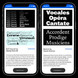 A digital screenshot of two iPhones displaying sections of the Fresh Fonts newsletter. The left screen showcases 