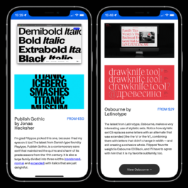 A digital screenshot of two iPhones displaying sections of the Fresh Fonts newsletter. The left screen showcases 