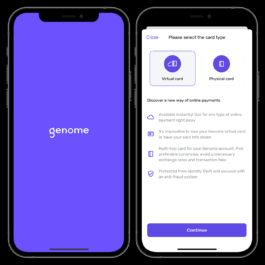 Two smartphones displaying the Genome app interface. The phone on the left shows the Genome splash screen with a purple background and the word 