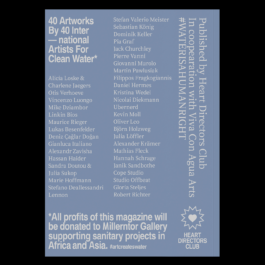 A magazine cover titled Heart Directors Club’s Art Creates Water — The Magazine by Nikolai Dobreff. The cover highlights the participation of 40 international artists contributing artworks to support clean drinking water initiatives. The names of the contributing artists are listed, along with a note stating that all profits from the magazine will be donated to the Millerntor Gallery to support sanitary projects in Africa and Asia. The design is minimalist, with a soft blue background and white text. The cover also includes the hashtag #WATERISAHUMANRIGHT and the Heart Directors Club logo. Filippos Fragkogiannis