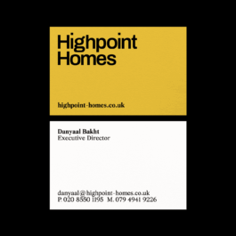 A two-sided business card design for Highpoint Homes. The top half features a mustard yellow background with the company name 