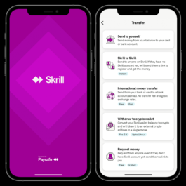 Two smartphone screens displaying the Skrill app interface. The left screen shows the Skrill logo on a purple gradient background with the text 'Powered by Paysafe' below. The right screen displays the 'Transfer' section of the app, listing various money transfer options such as 'Send to yourself,' 'Skrill to Skrill,' 'International money transfer,' 'Withdraw to crypto wallet,' and 'Request money.' Each option includes a short description and relevant icons, with labels indicating whether the transfer is instant, free, or has associated fees. Filippos Fragkogiannis