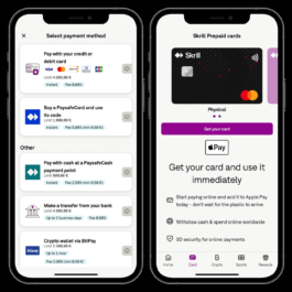 Two smartphone screens displaying the Skrill app interface. The left screen shows the 'Select payment method' section, listing various options such as paying with a credit or debit card, using a PaysafeCard, paying with cash at a PaysafeCash payment point, making a bank transfer, or using a crypto wallet via BitPay. Each option includes details on limits, fees, and processing times. The right screen displays the 'Skrill Prepaid Cards' section, featuring a digital Skrill Mastercard with the option to get a physical card. Below, a button labeled 'Get your card' is visible, along with an Apple Pay integration. Additional text highlights the benefits of the Skrill card, including online payments, worldwide withdrawals, and 3D security for transactions. The bottom navigation menu includes icons for Home, Card, Crypto, Sports, and Rewards. Filippos Fragkogiannis