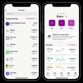 Two smartphone screens displaying the Skrill app's cryptocurrency features. The left screen shows a list of cryptocurrencies under the 'All coins' section, with their current prices in euros and percentage changes over the past 24 hours. Some listed cryptocurrencies include Synthetix Network Token (SNX), Polygon (MATIC), Ethereum (ETH), Uniswap (UNI), Bitcoin Cash (BCH), EOS, Curve (CRV), and The Graph (GRT). Each currency has an associated price and percentage change indicator. The right screen displays the 'Crypto Portfolio' section, showing a balance of 0.00€ with options to 'Buy,' 'Sell,' or access more actions. Below, there's a 'Withdraw to crypto wallet' section, allowing users to transfer their Skrill wallet balance to an external crypto address. The 'Watchlist' section tracks Ethereum (ETH), Cardano (ADA), and Bitcoin (BTC), displaying their current prices and percentage changes over the past 24 hours. The bottom navigation menu includes icons for Home, Card, Crypto, Sports, and Rewards. Filippos Fragkogiannis