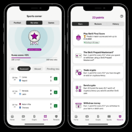 A digital screenshot of two smartphone screens displaying a Skrill mobile app interface. The left screen shows the 'Sports corner' section with a 'Skilled predictor' badge, a 'Guess score' of 42%, and a list of football match predictions with results. Tabs labeled 'All,' 'Guessed,' 'Missed,' and 'Pending results' are visible. The right screen shows a rewards section with '23 points' displayed at the top and three tabs: 'Earn,' 'Redeem,' and 'History.' Several ways to earn points are listed, including predicting match scores, using the Skrill Prepaid Mastercard, trading crypto, sending crypto, and withdrawing money. The app features a minimalist design with a white background, black text, and purple highlights. Filippos Fragkogiannis