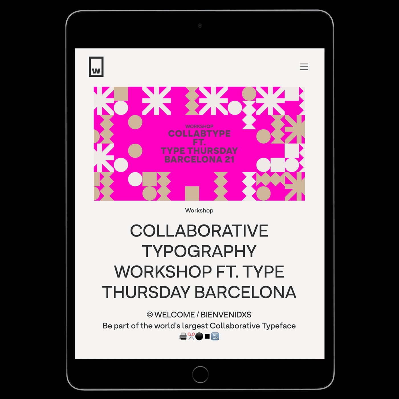 A digital screenshot of a webpage displaying a workshop organized by W Type Foundry titled 