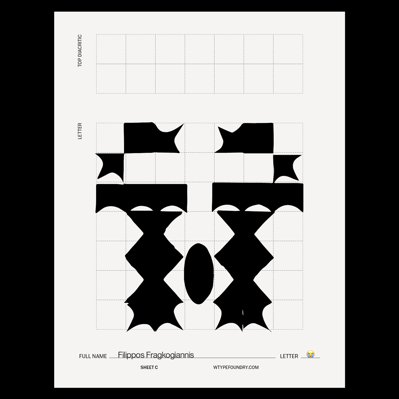 A typography design worksheet from W Type Foundry, featuring a collaborative typeface project. The sheet is labeled 